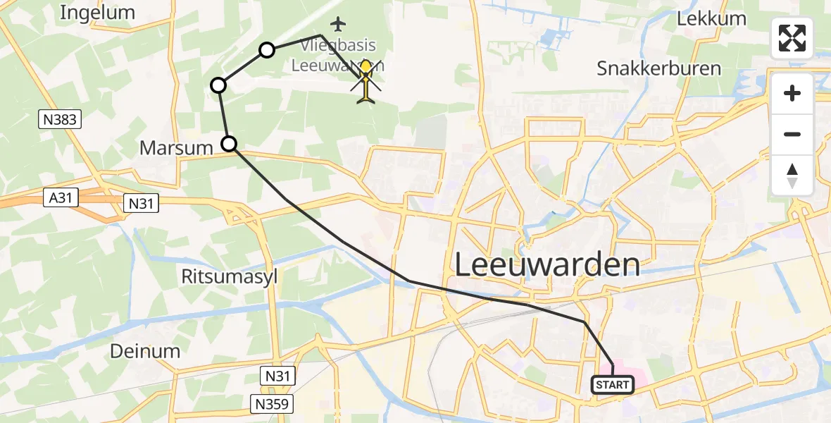Routekaart van de vlucht: Ambulancehelikopter naar Vliegbasis Leeuwarden, Borniastraat