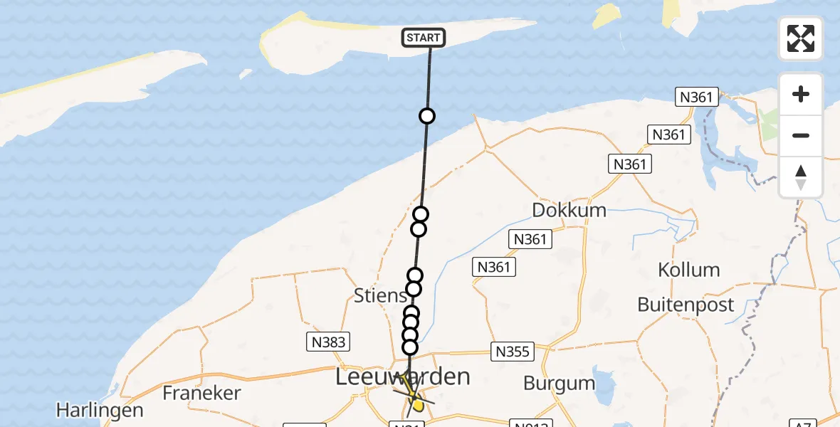 Routekaart van de vlucht: Ambulanceheli naar Leeuwarden, Waddendijk