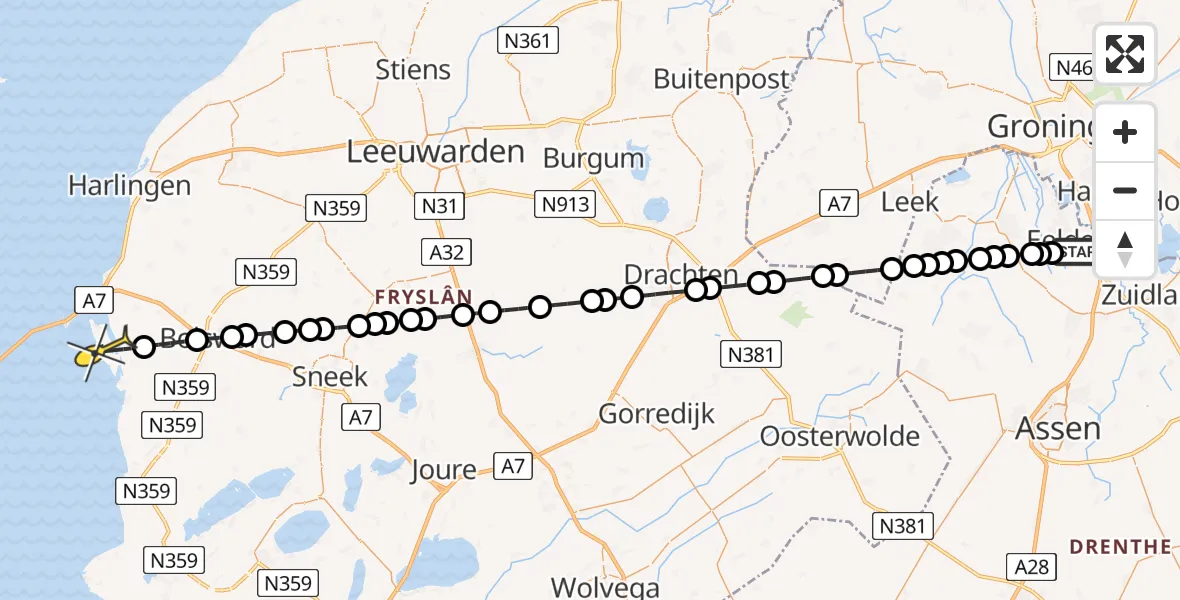 Routekaart van de vlucht: Lifeliner 4 naar Makkum, Watermolendijk