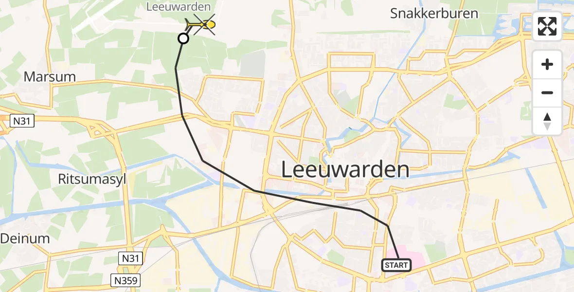 Routekaart van de vlucht: Ambulanceheli naar Vliegbasis Leeuwarden, Borniastraat