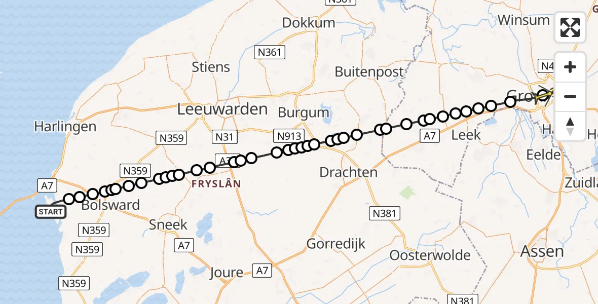 Routekaart van de vlucht: Lifeliner 4 naar Universitair Medisch Centrum Groningen, Makkumernoardwaard
