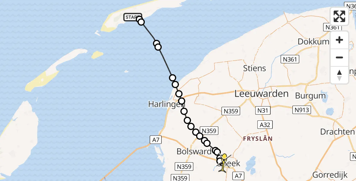Routekaart van de vlucht: Ambulancehelikopter naar Sneek, Westerkeijnweg