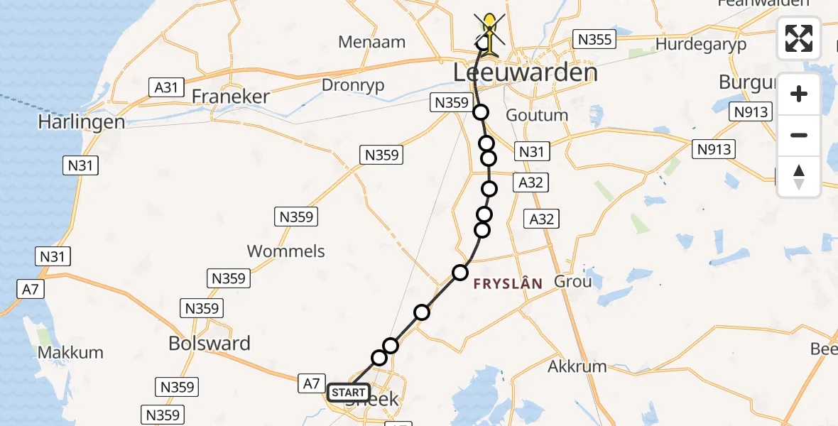Routekaart van de vlucht: Ambulancehelikopter naar Vliegbasis Leeuwarden, Cornelis Kanstraat