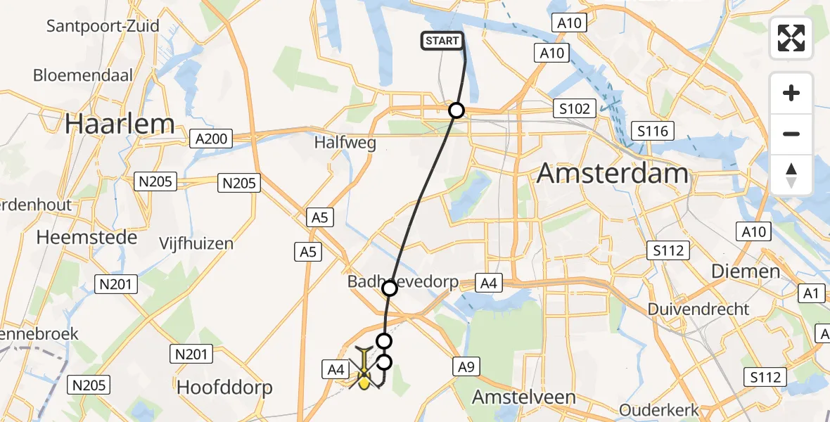 Routekaart van de vlucht: Lifeliner 1 naar Luchthaven Schiphol, Westhaven
