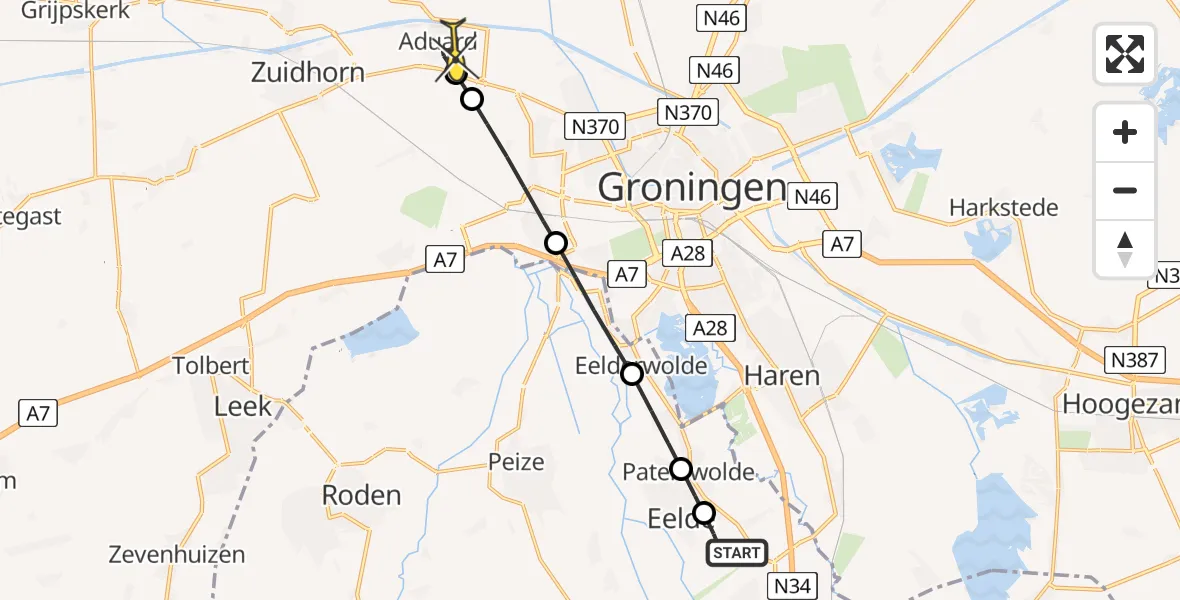 Routekaart van de vlucht: Lifeliner 4 naar Aduard, Groote Veen