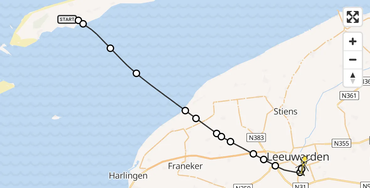 Routekaart van de vlucht: Ambulancehelikopter naar Leeuwarden, Midslander Hoofdweg