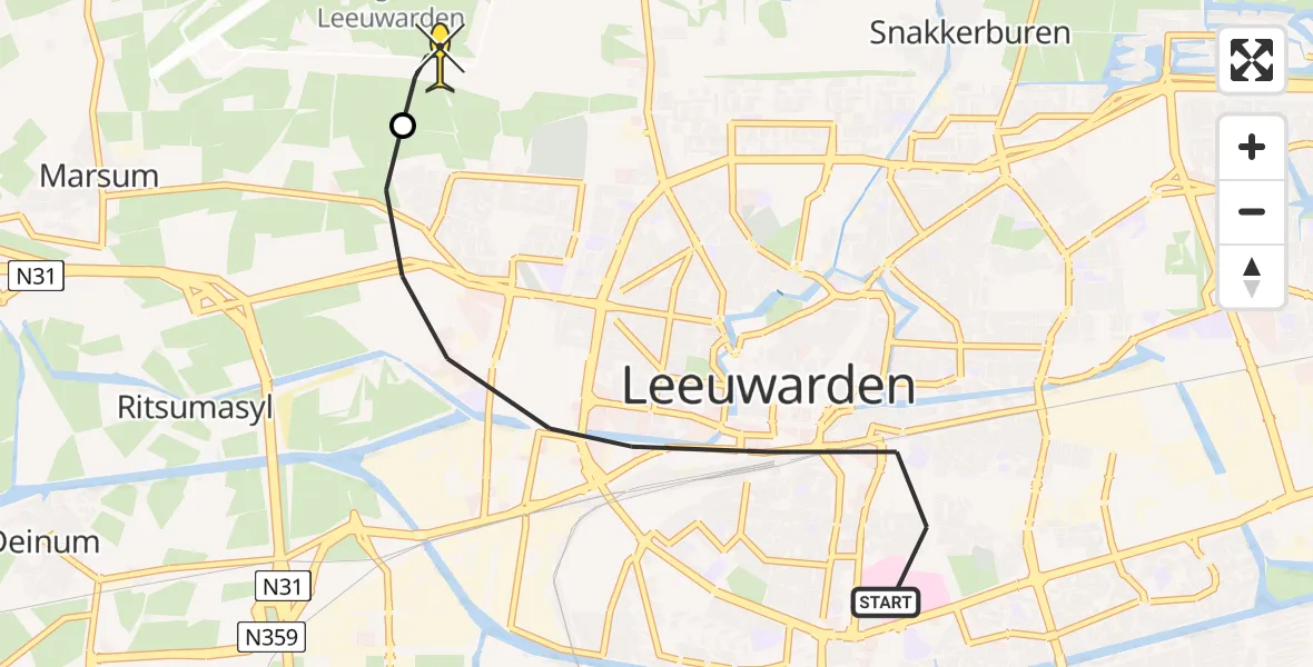 Routekaart van de vlucht: Ambulanceheli naar Vliegbasis Leeuwarden, Borniastraat