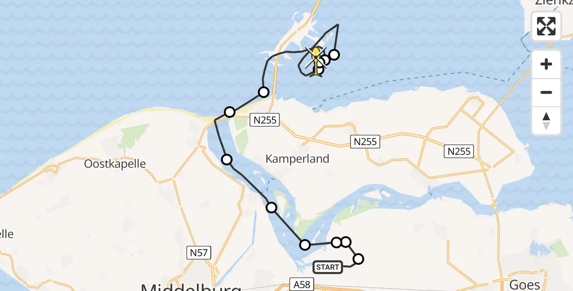 Routekaart van de vlucht: Kustwachthelikopter naar Vrouwenpolder, Calandweg