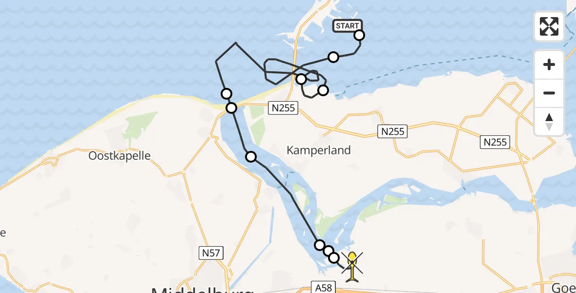 Routekaart van de vlucht: Kustwachthelikopter naar Vliegveld Midden-Zeeland, Calandweg