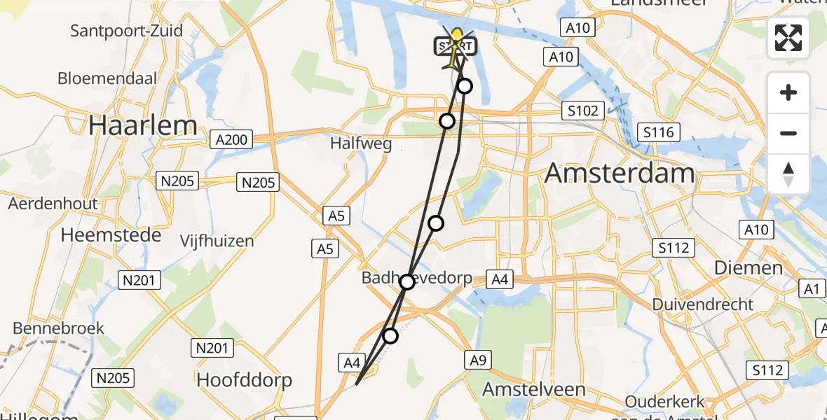 Routekaart van de vlucht: Lifeliner 1 naar Amsterdam Heliport, Pelerin