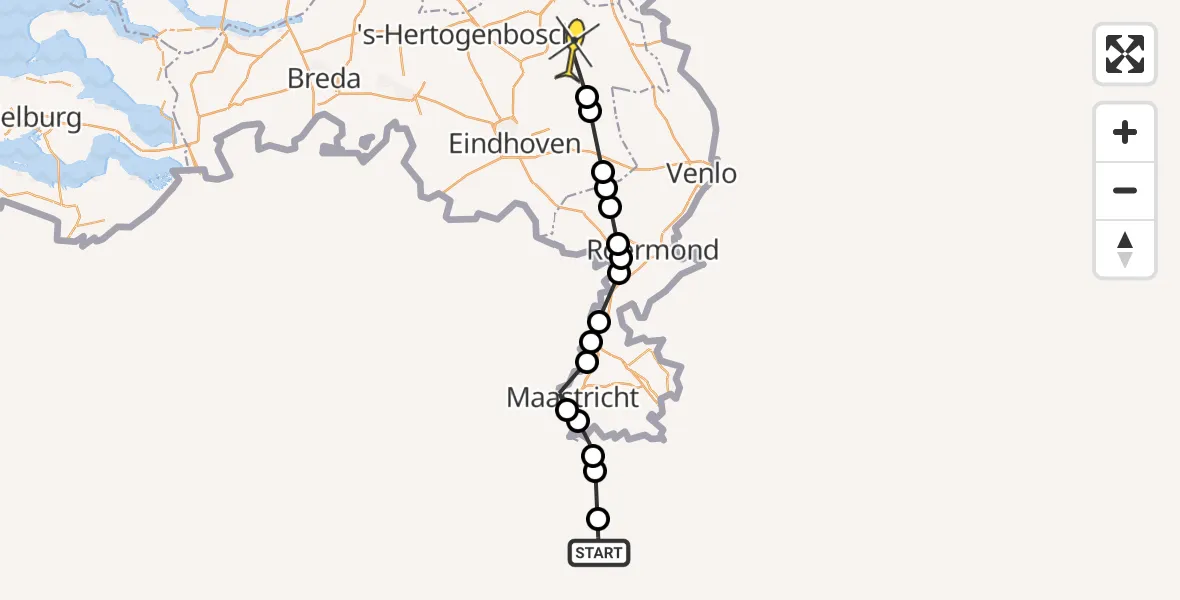 Routekaart van de vlucht: Politieheli naar Vliegbasis Volkel, Zeelandsedijk