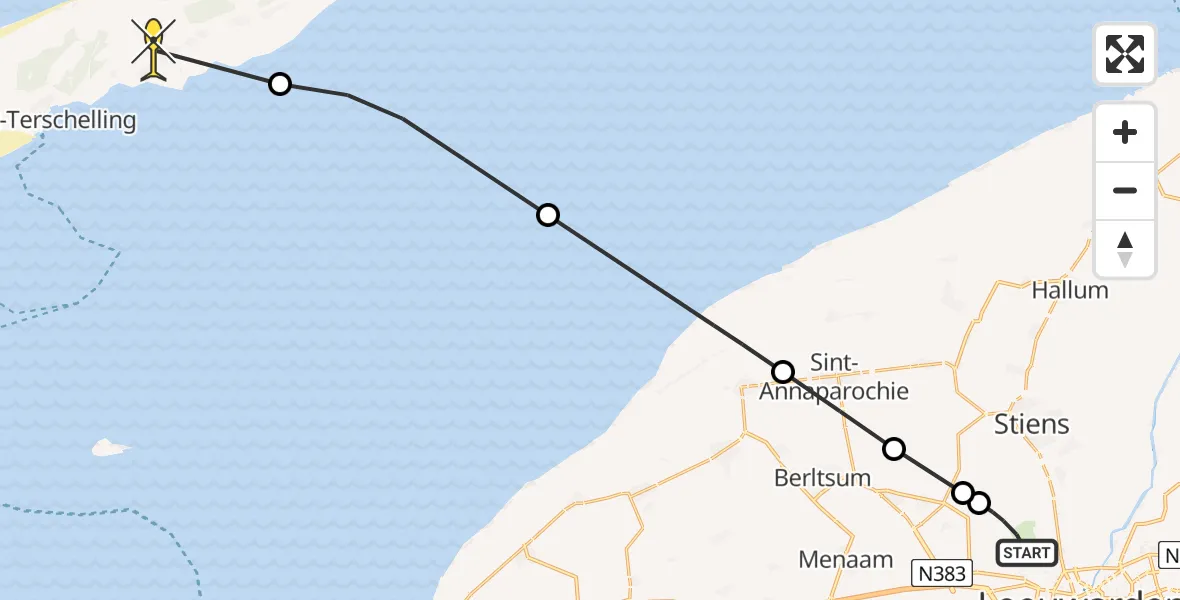 Routekaart van de vlucht: Ambulancehelikopter naar Midsland, Keegsdijkje