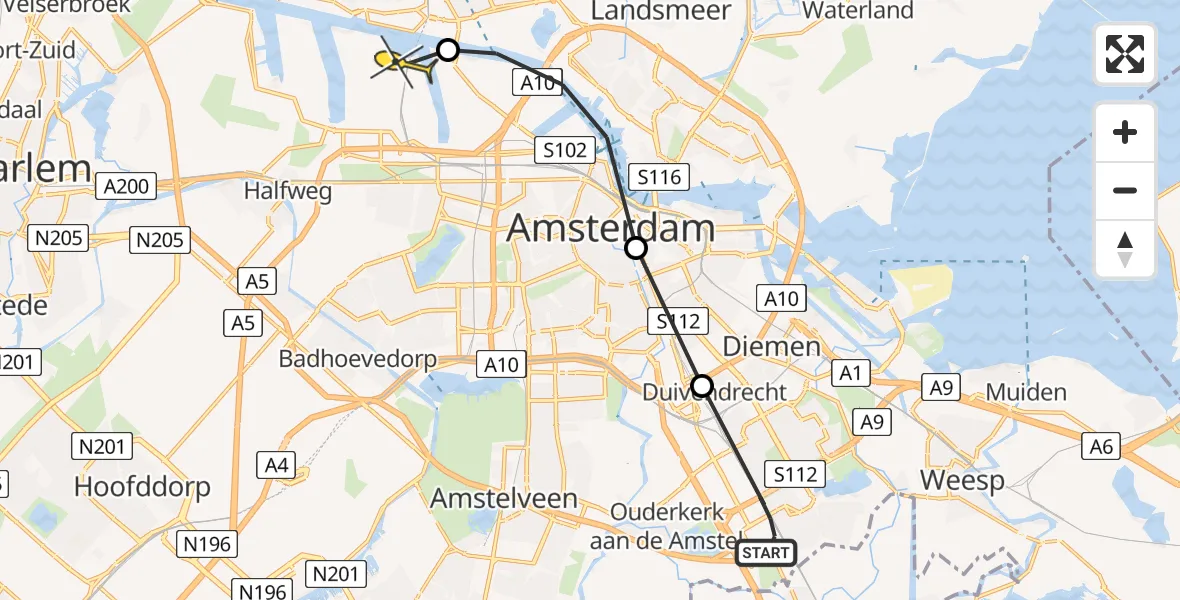 Routekaart van de vlucht: Lifeliner 1 naar Amsterdam Heliport, Meibergpad