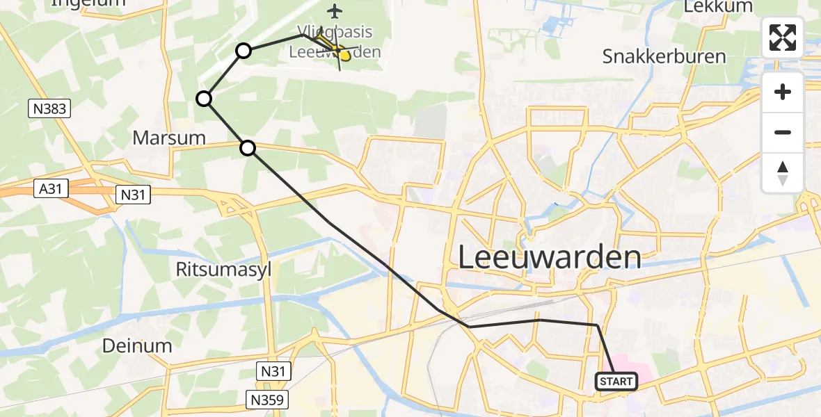 Routekaart van de vlucht: Ambulanceheli naar Vliegbasis Leeuwarden, Simon de Vliegerstraat
