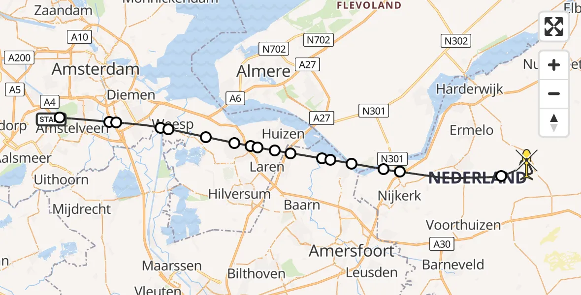 Routekaart van de vlucht: Politieheli naar Ermelo, Garderenseweg