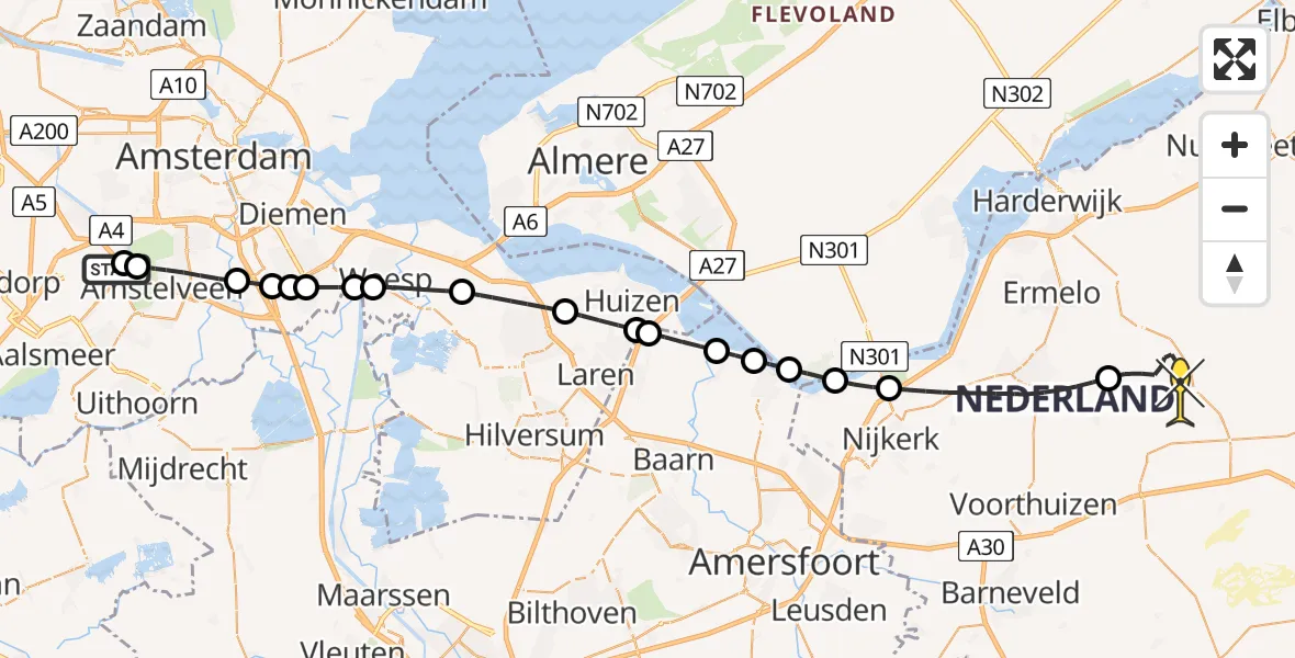 Routekaart van de vlucht: Politiehelikopter naar Ermelo, Aalsmeer
