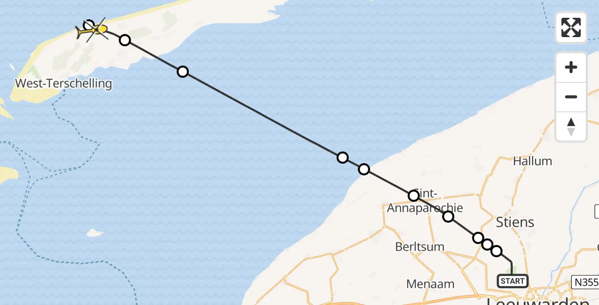 Routekaart van de vlucht: Ambulanceheli naar West-Terschelling, Keegsdijkje