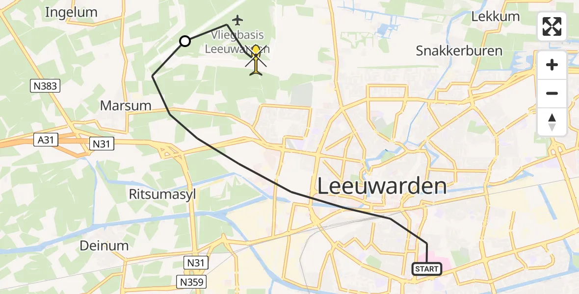 Routekaart van de vlucht: Ambulanceheli naar Vliegbasis Leeuwarden, Hollanderdijk