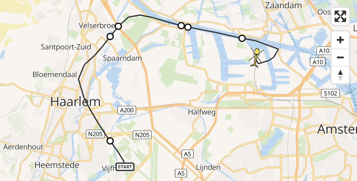 Routekaart van de vlucht: Lifeliner 1 naar Amsterdam Heliport, Boerhaavelaan