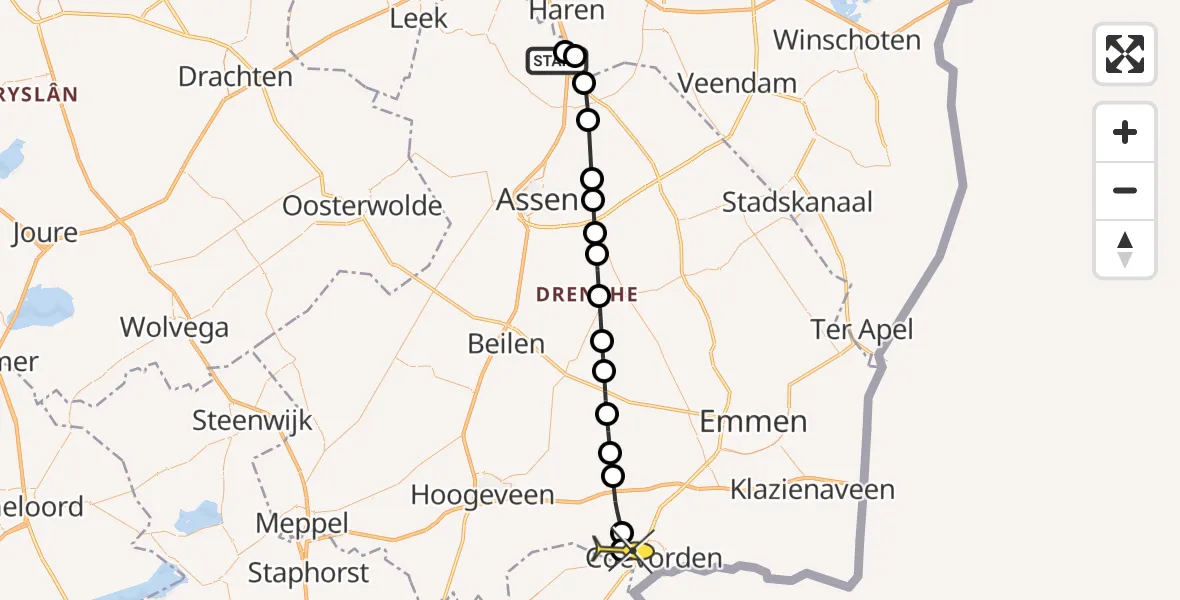 Routekaart van de vlucht: Lifeliner 4 naar Coevorden, Burgemeester J.G. Legroweg