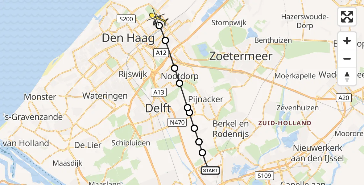 Routekaart van de vlucht: Lifeliner 2 naar Den Haag, Schieveense polder