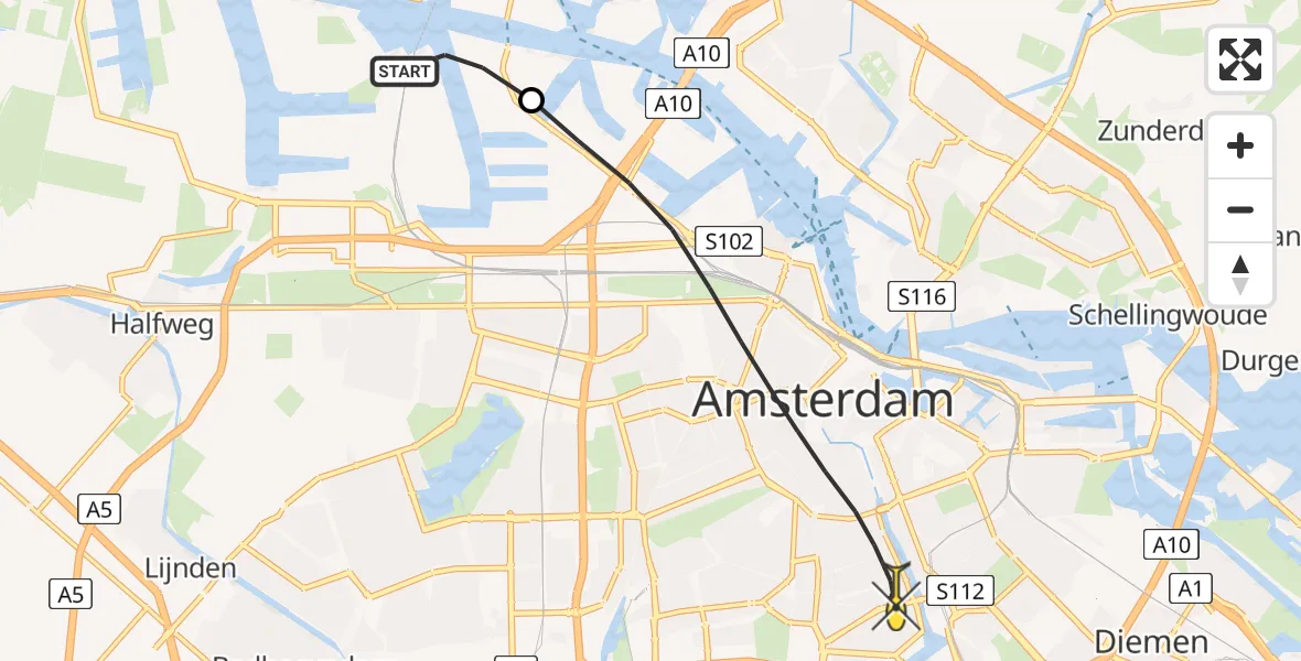 Routekaart van de vlucht: Lifeliner 1 naar Amsterdam, Westhavenweg