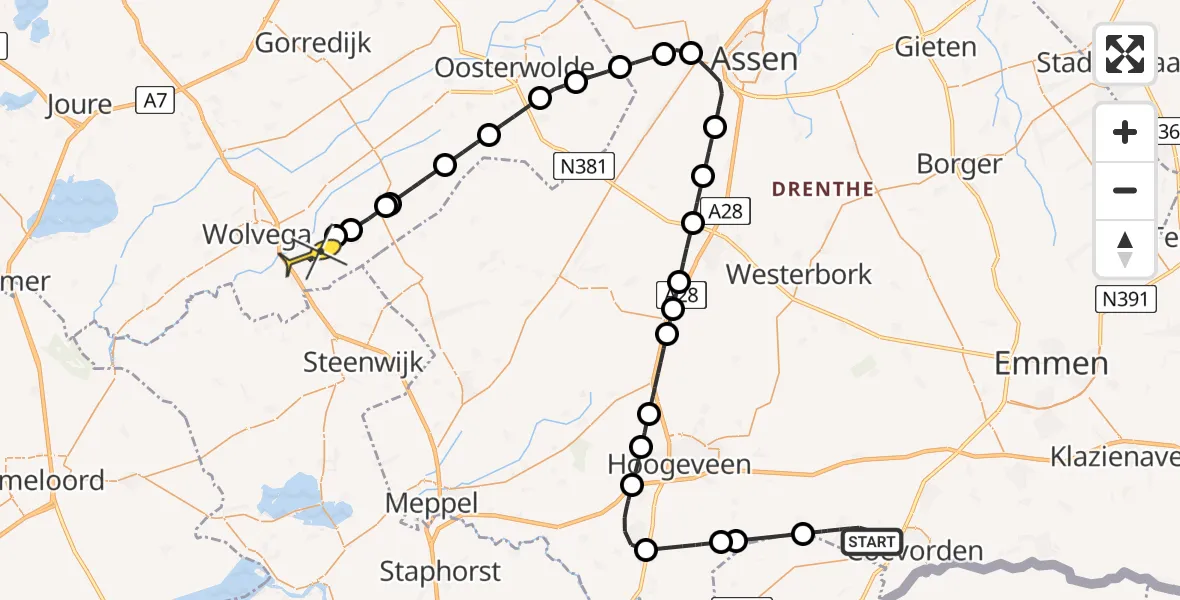 Routekaart van de vlucht: Lifeliner 4 naar Steggerda, Veenschapsweg