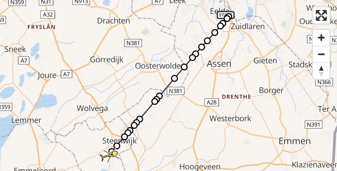 Routekaart van de vlucht: Lifeliner 4 naar Giethoorn, Groningerstraat