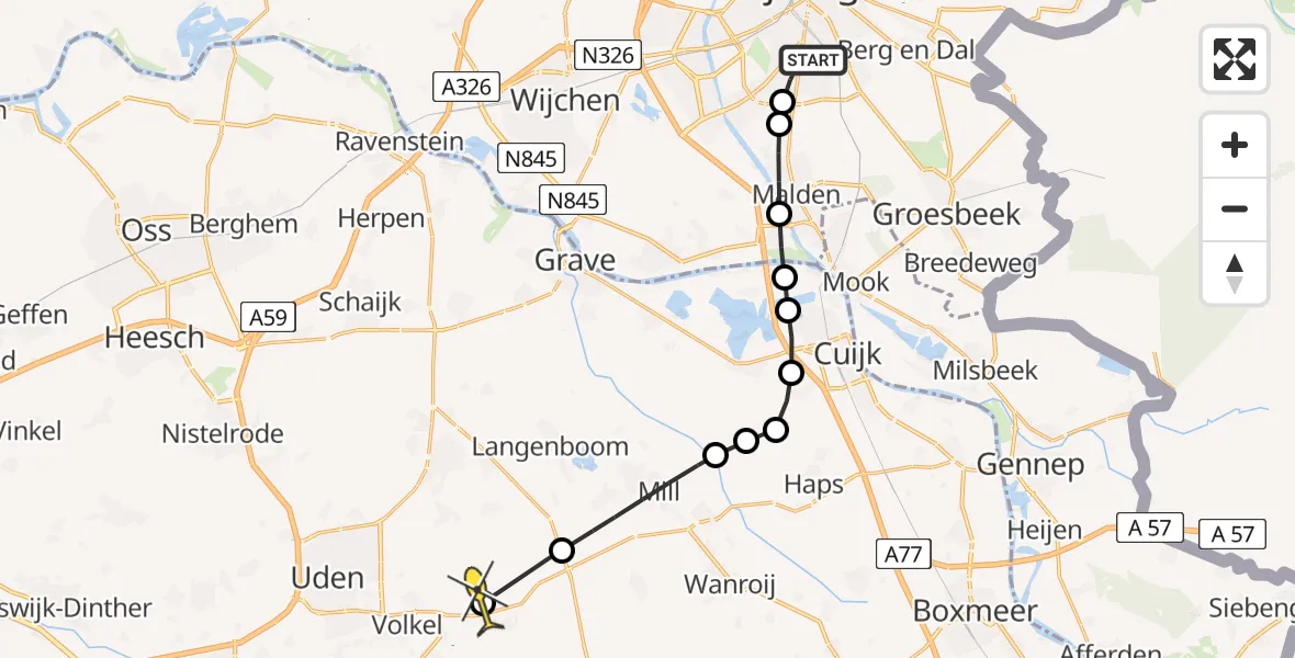 Routekaart van de vlucht: Lifeliner 3 naar Vliegbasis Volkel, Vuurvlindertjesstraat