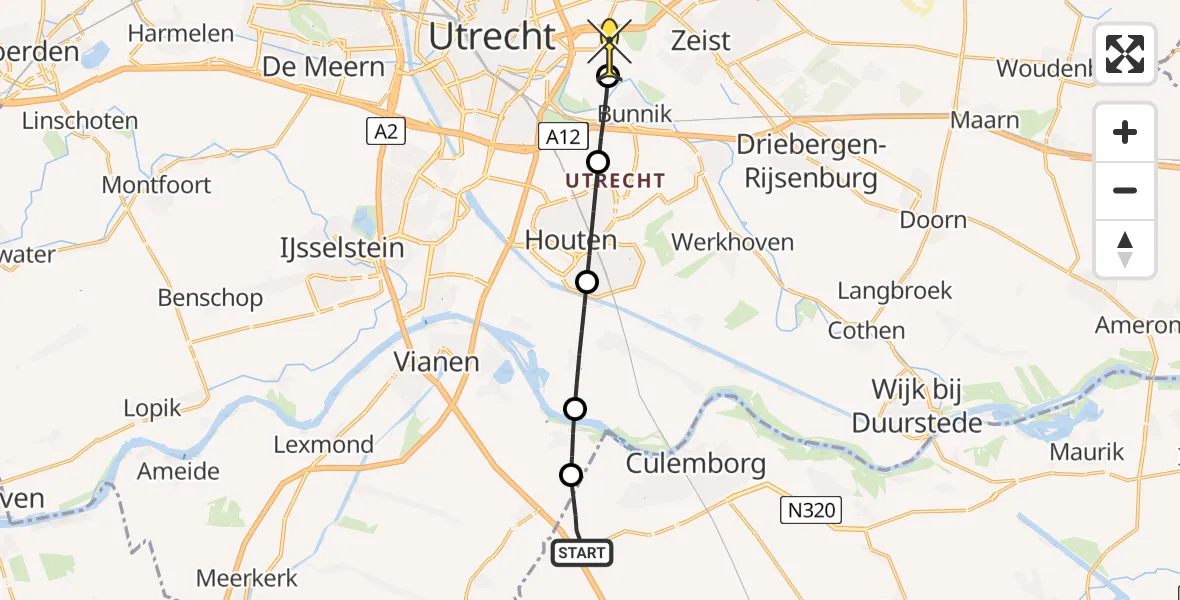 Routekaart van de vlucht: Lifeliner 3 naar Universitair Medisch Centrum Utrecht, Stokvisweg