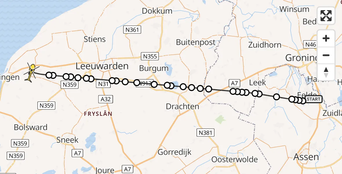 Routekaart van de vlucht: Lifeliner 4 naar Franeker, Veldkampweg
