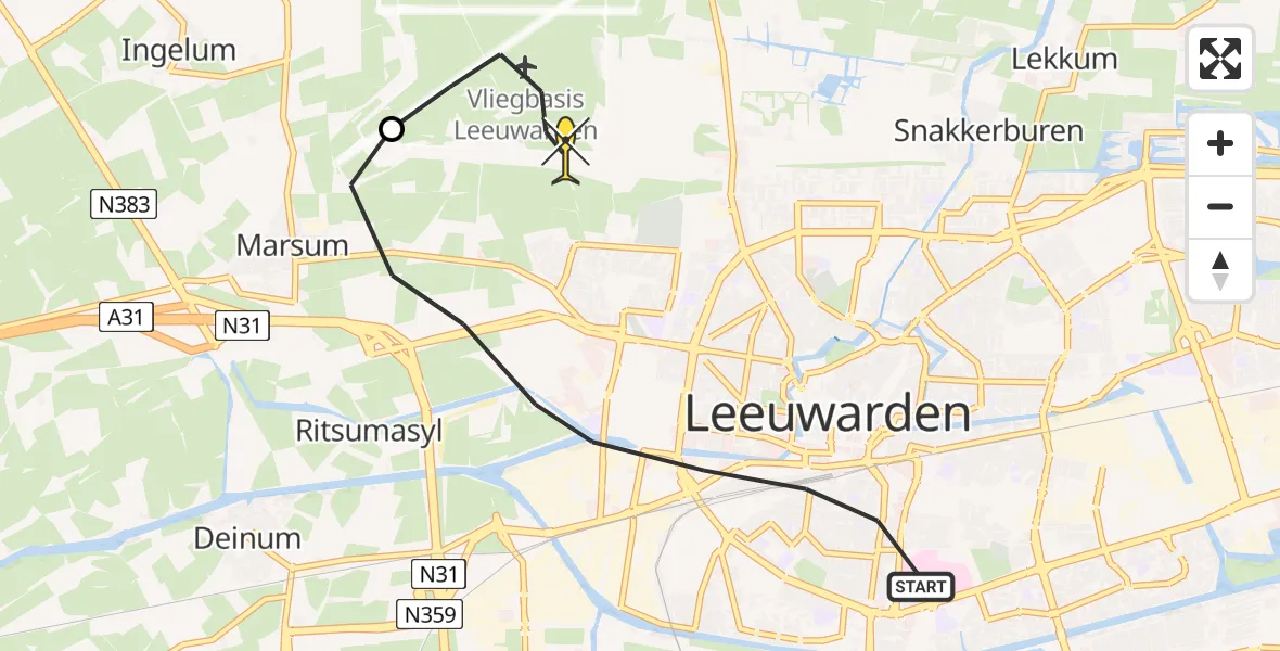 Routekaart van de vlucht: Ambulanceheli naar Vliegbasis Leeuwarden, Wijnhornsterstraat