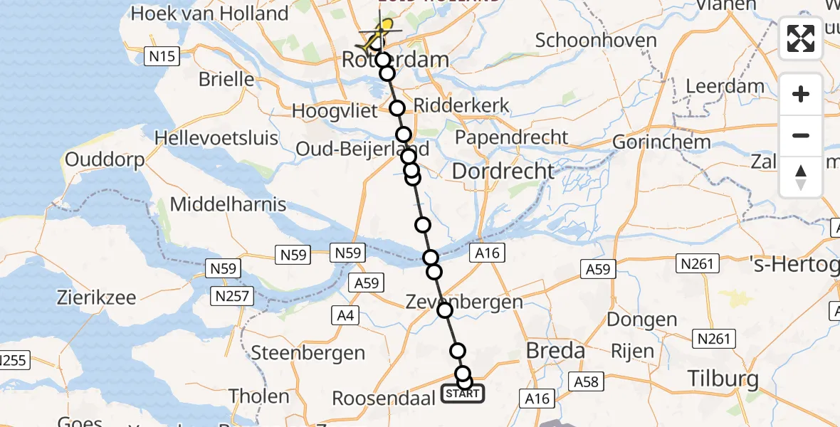 Routekaart van de vlucht: Lifeliner 2 naar Rotterdam The Hague Airport, Vosdonkseweg