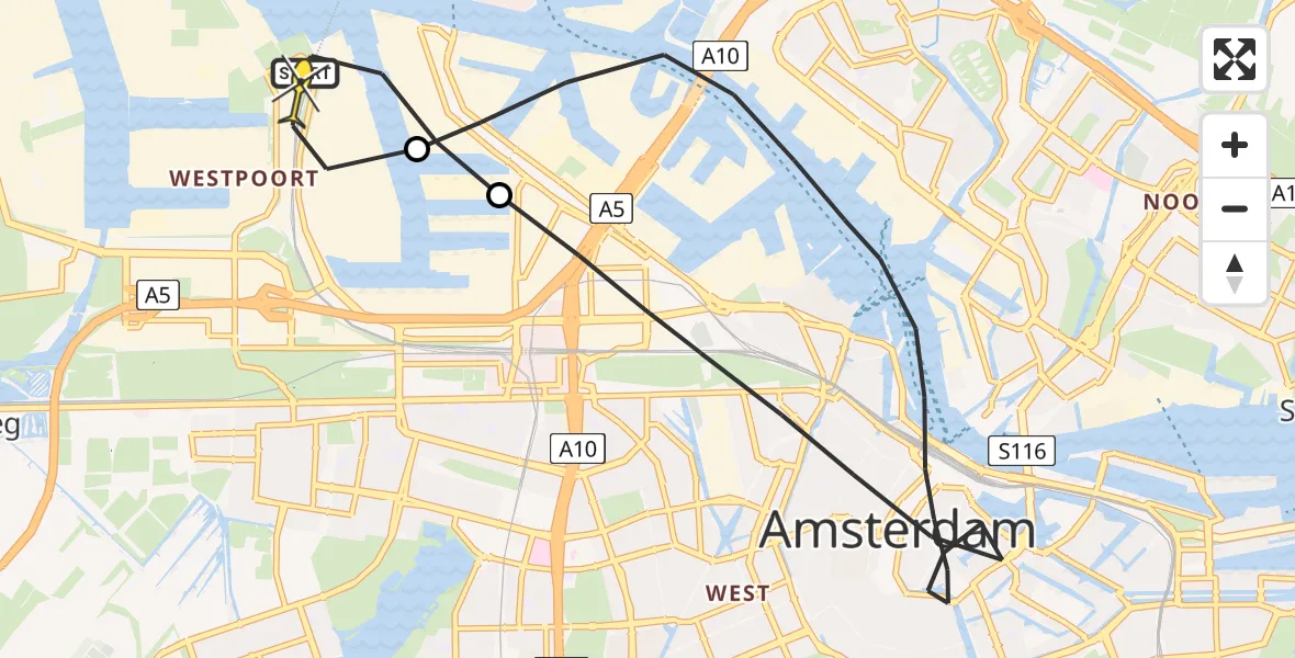 Routekaart van de vlucht: Lifeliner 1 naar Amsterdam Heliport, Kompasweg