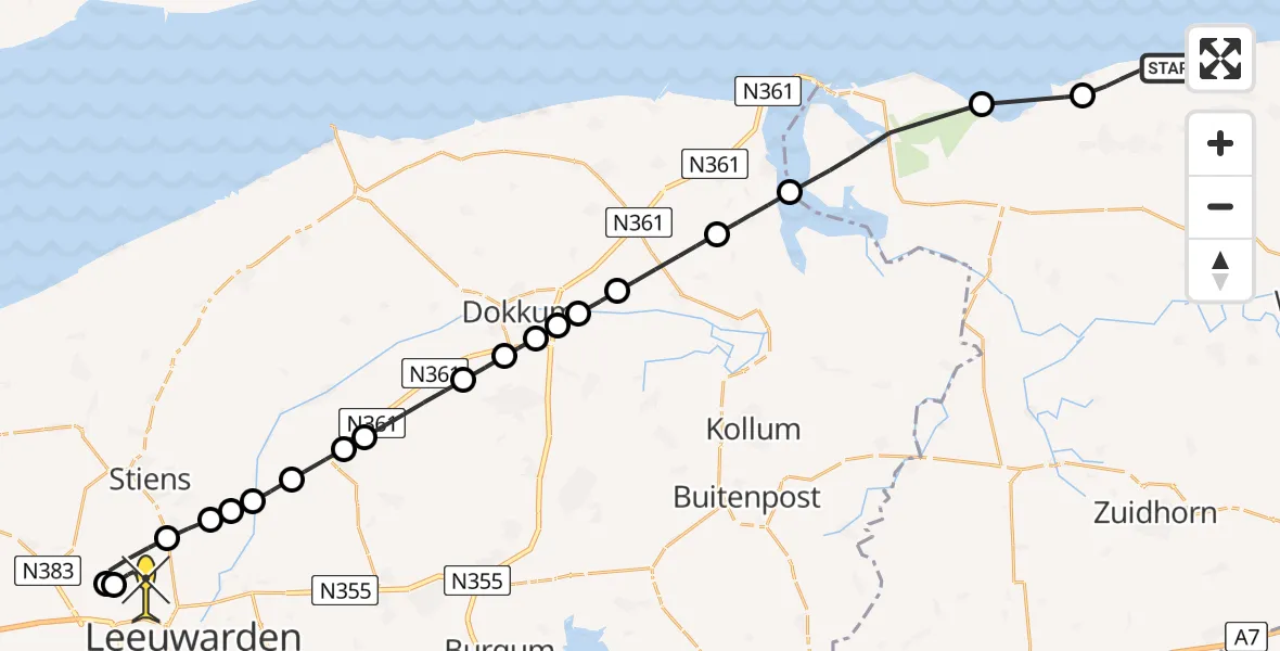 Routekaart van de vlucht: Ambulancehelikopter naar Vliegbasis Leeuwarden, Keegsdijkje