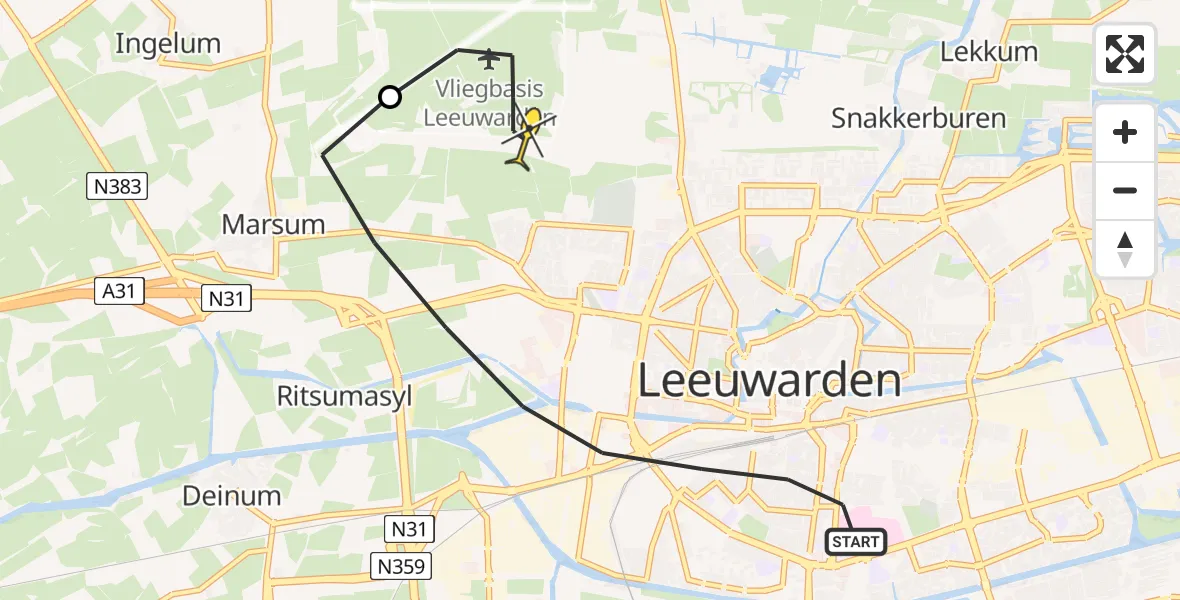 Routekaart van de vlucht: Ambulancehelikopter naar Vliegbasis Leeuwarden, Van Loonstraat