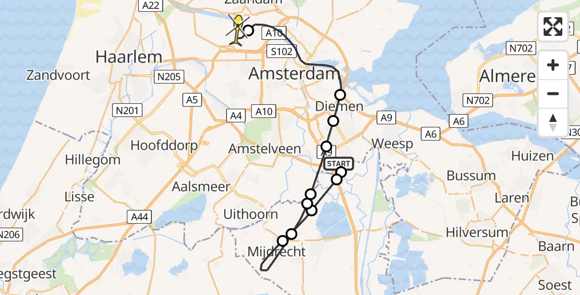 Routekaart van de vlucht: Lifeliner 1 naar Amsterdam Heliport, Holendrechterweg