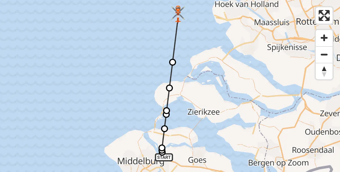 Vluchtroute Kustwachthelikopter Vliegveld Midden-Zeeland - , 21 augustus 2025, 18:23