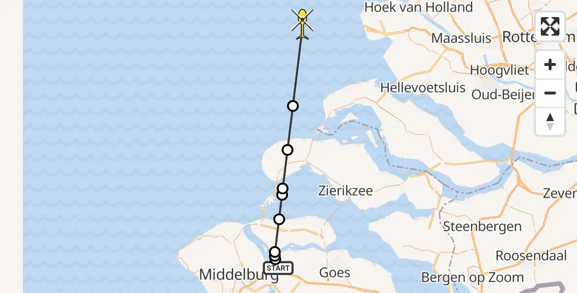 Routekaart van de vlucht: Kustwachthelikopter naar Bastiaan de Langeplaatweg