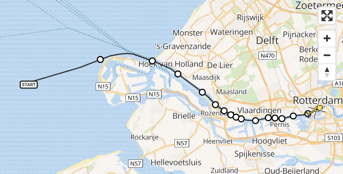 Routekaart van de vlucht: Kustwachthelikopter naar Erasmus MC, Westzeedijk