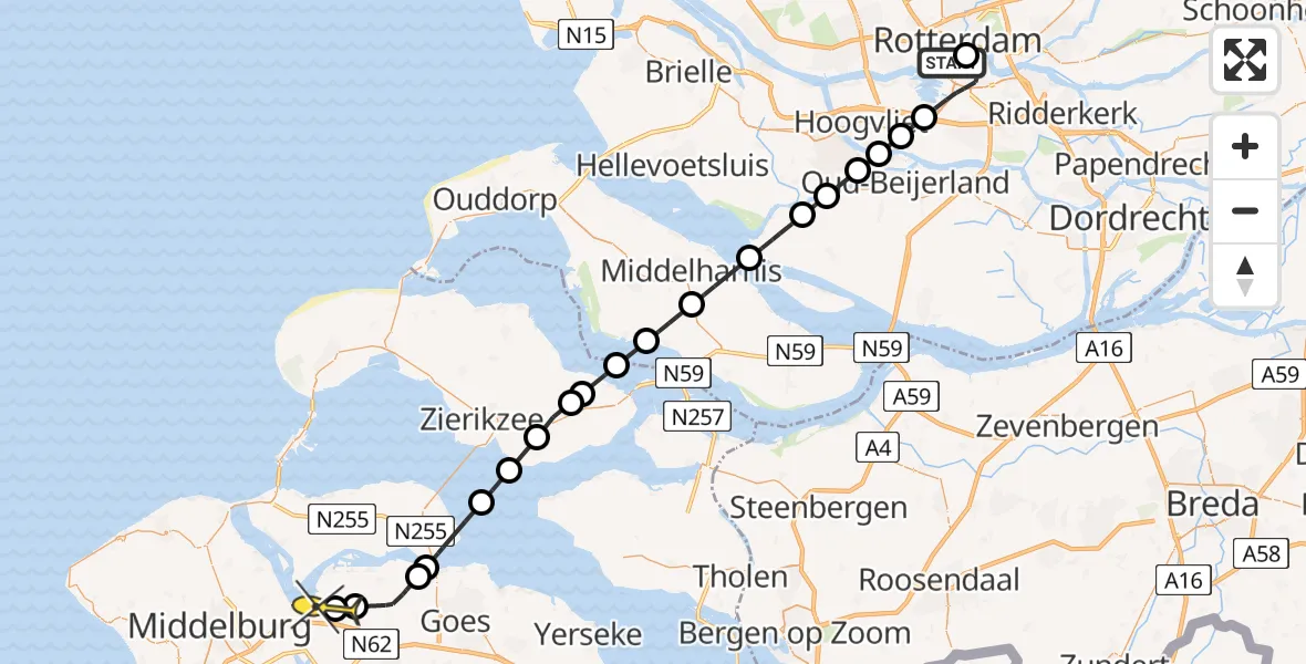 Routekaart van de vlucht: Kustwachthelikopter naar Vliegveld Midden-Zeeland, Boompjeskade