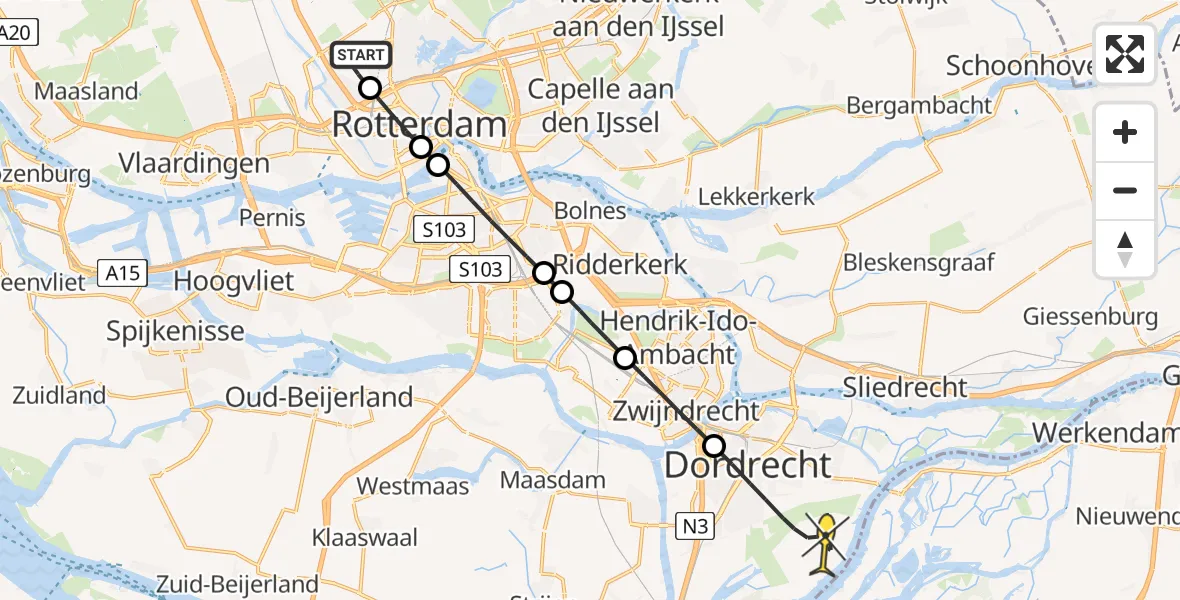 Routekaart van de vlucht: Lifeliner 2 naar Dordrecht, Pilotenpad