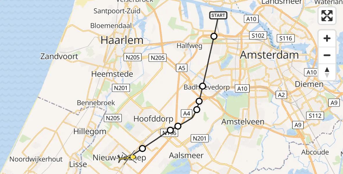 Routekaart van de vlucht: Lifeliner 1 naar Nieuw-Vennep, Westpoort