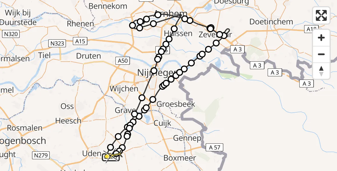 Vluchtroute Politiehelikopter van Vliegbasis Volkel naar Vliegbasis Volkel