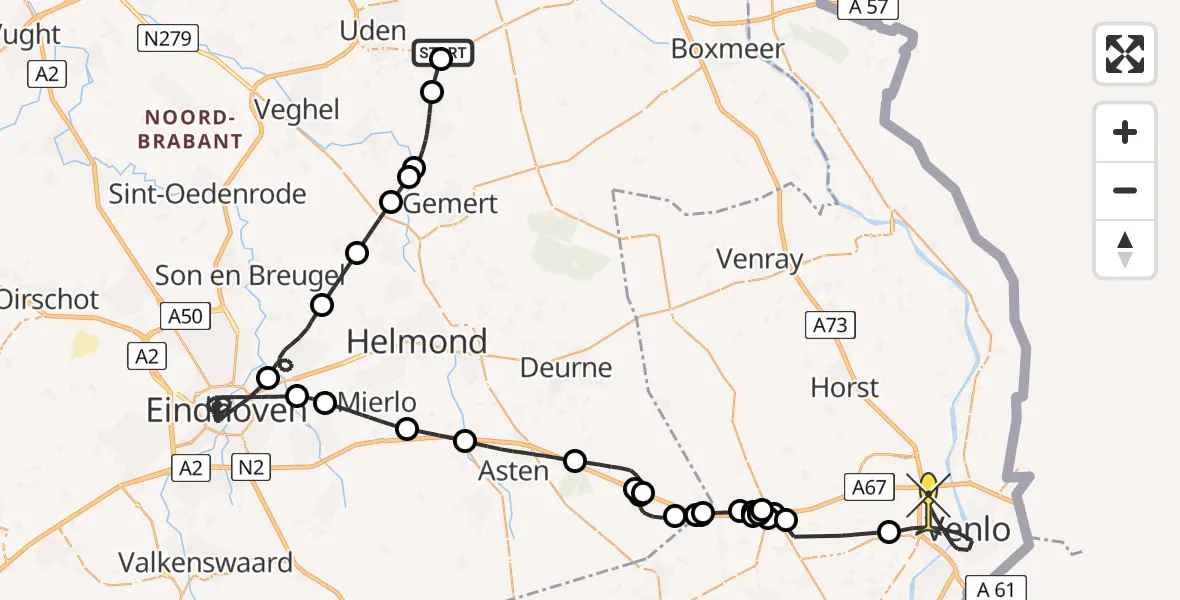 Routekaart van de vlucht: Politieheli naar Venlo, Oosterheidestraat