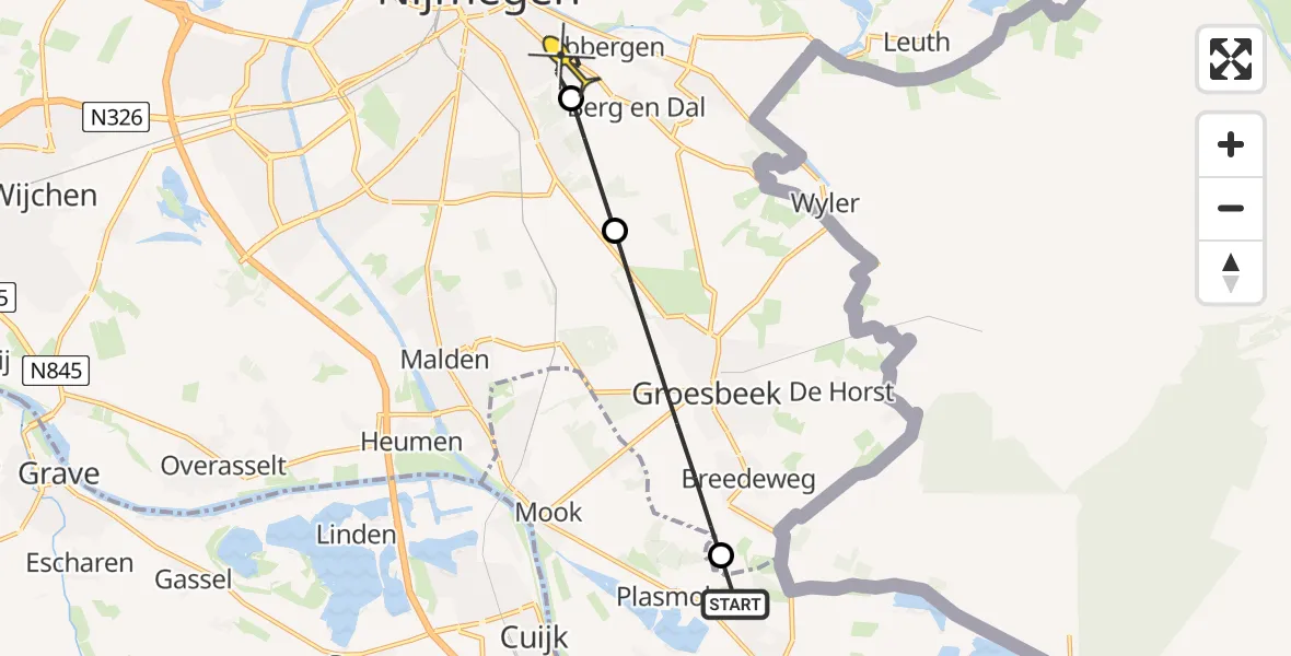Routekaart van de vlucht: Politieheli naar Nijmegen, Sint Jansberg