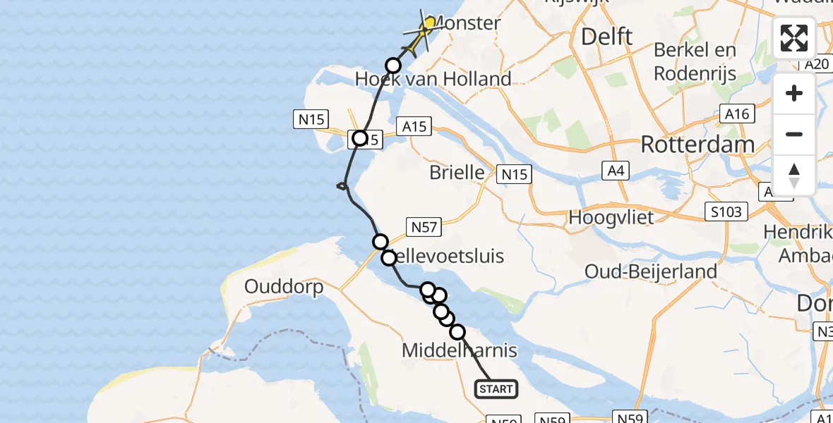Routekaart van de vlucht: Politiehelikopter naar Hoek van Holland, Adamsweg