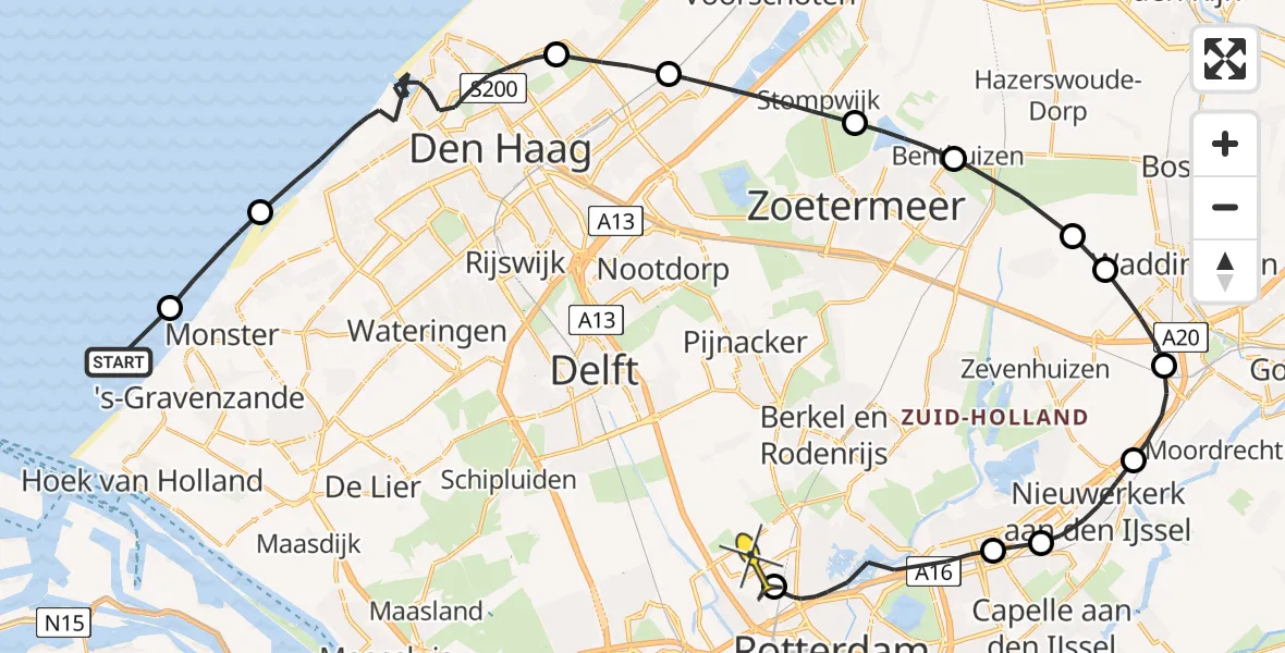 Routekaart van de vlucht: Politiehelikopter naar Rotterdam The Hague Airport, Zandmotorpad