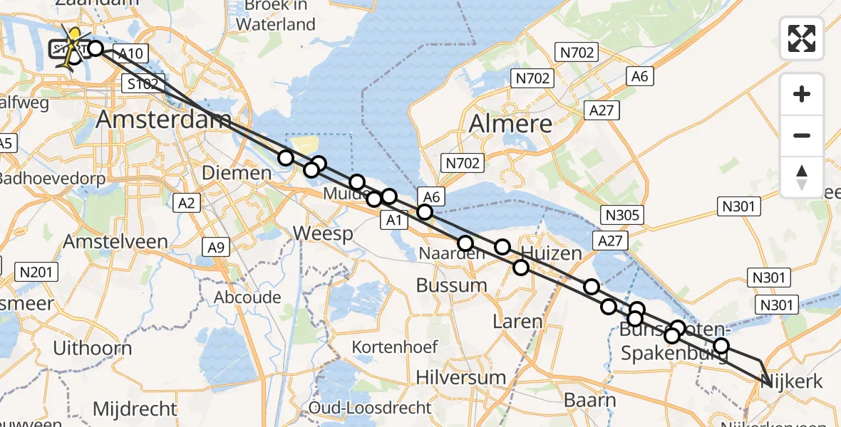 Routekaart van de vlucht: Lifeliner 1 naar Amsterdam Heliport, Kajuitweg