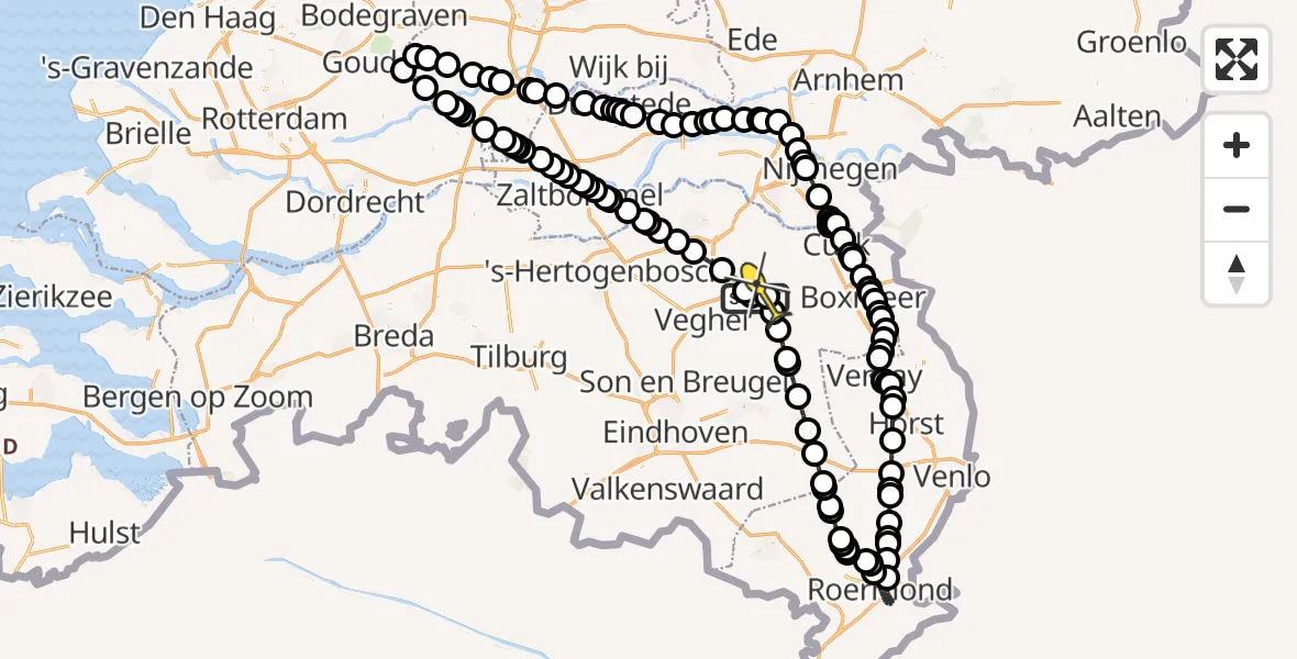 Vluchtroute Politiehelikopter van Vliegbasis Volkel naar Vliegbasis Volkel